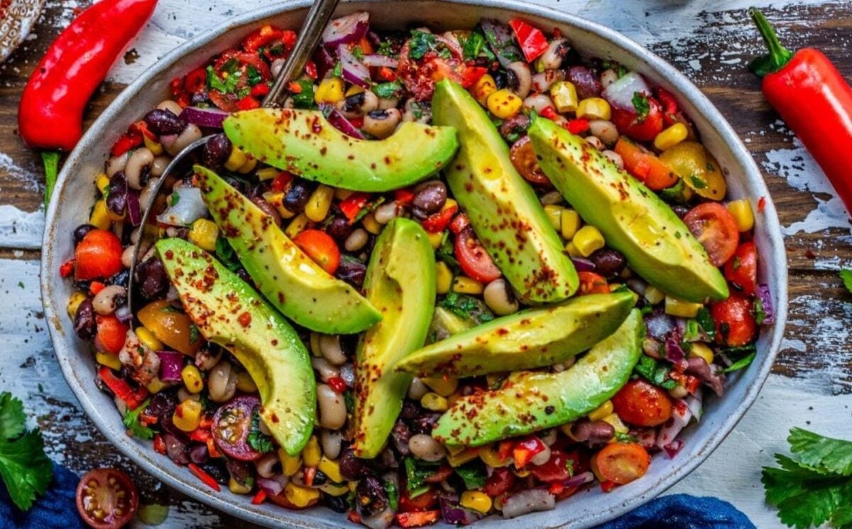 a bowl of Mexican bean salad perfect for Veganuary lunch ideas