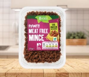 A certified plant-based packet of mince on a kitchen counter