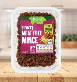 A certified plant-based packet of mince on a kitchen counter