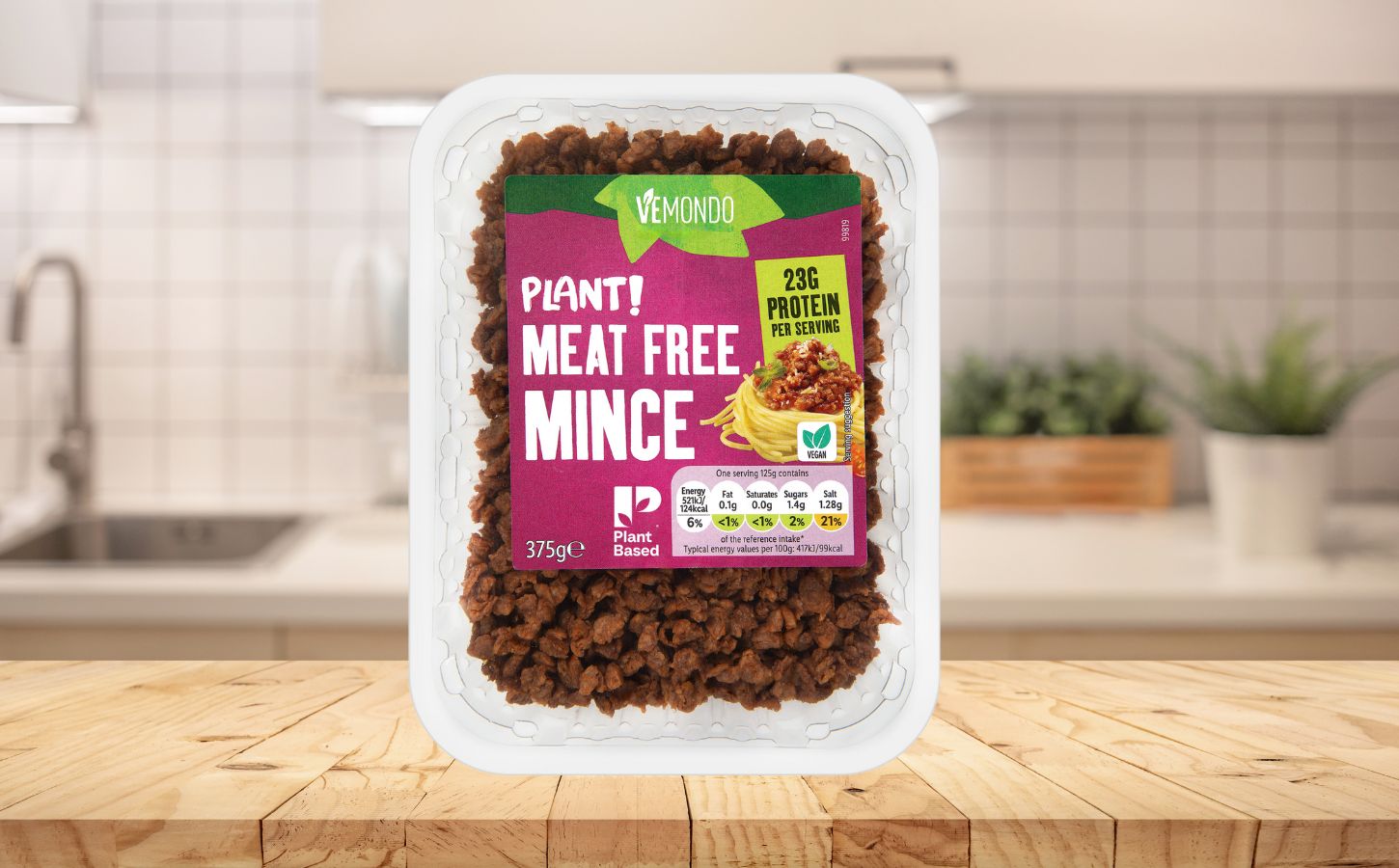 A certified plant-based packet of mince on a kitchen counter