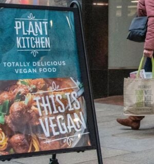 A sign for M&S Plant Kitchen, the supermarket's vegan food brand, outside a Marks and Spencer store