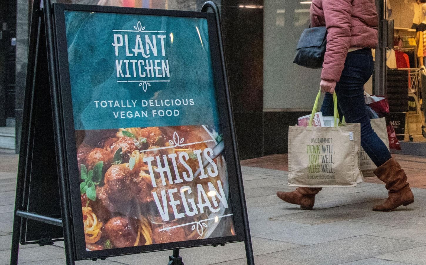 A sign for M&S Plant Kitchen, the supermarket's vegan food brand, outside a Marks and Spencer store