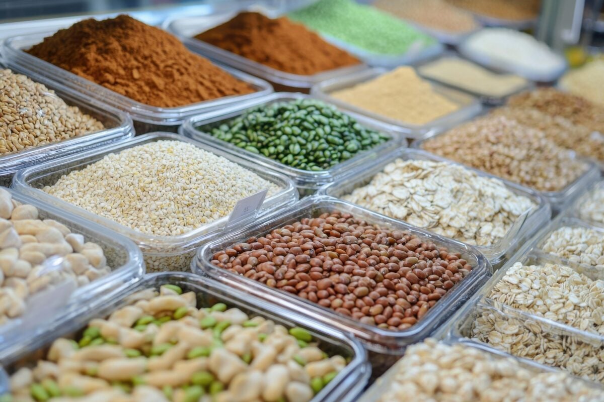 Photo shows containers full of different plant-based proteins including beans, pulses, legumes, and more