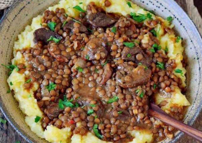 quick and easy vegan lentil recipes like this lentil stew and mashed potatoes