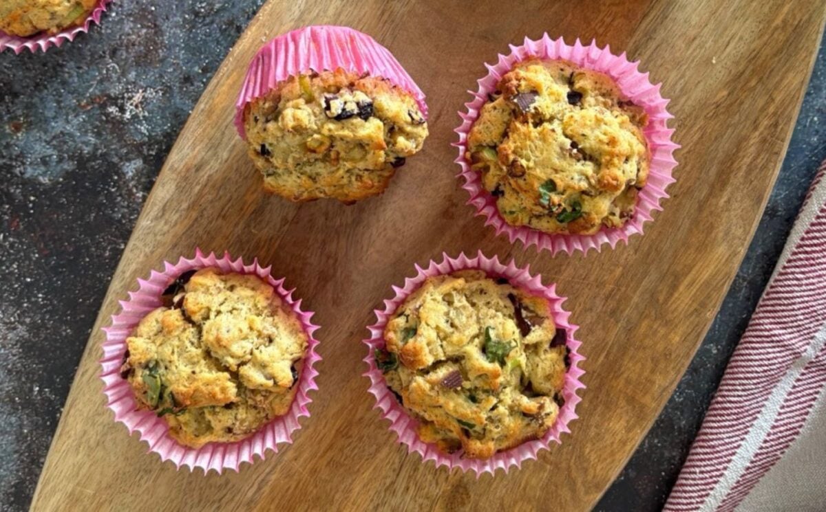 Four vegan breakfast muffins in pink casing