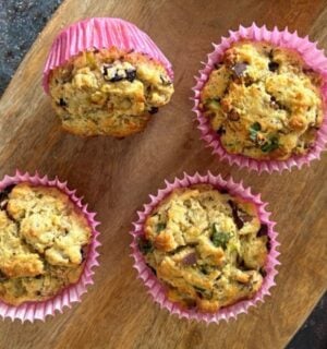 Four vegan breakfast muffins in pink casing