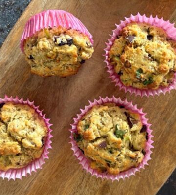 Four vegan breakfast muffins in pink casing