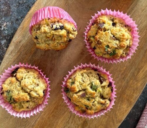 Four vegan breakfast muffins in pink casing