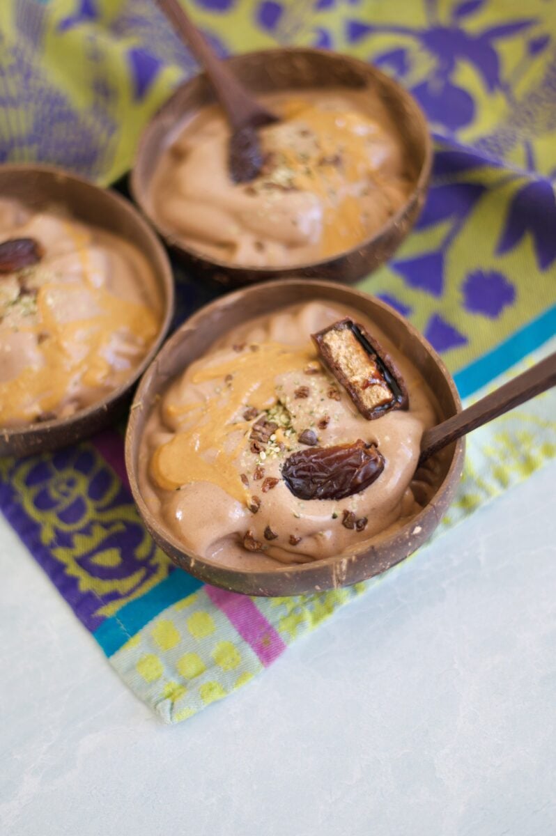 Three vegan "Snickers" bowl made with dairy-free ingredients