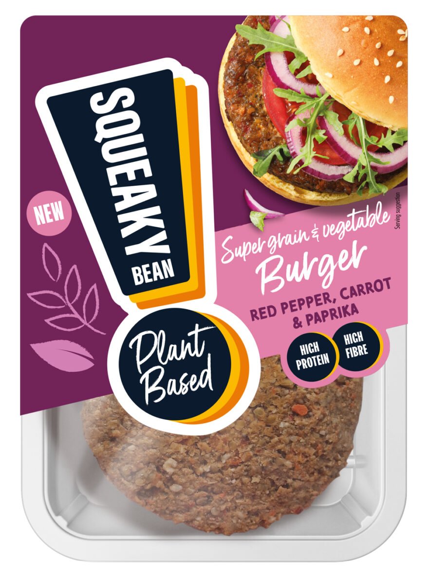 A Squeaky Bean burger in purple packaging