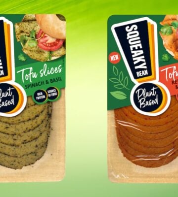 Two packs of Squeaky Bean tofu slices in front of a green background