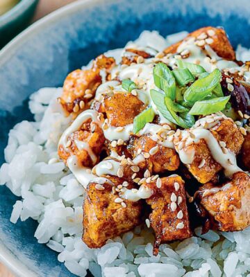 a bowl of vegan teriyaki tofu don, a Japanese dish made plant-based with tofu