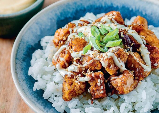 a bowl of vegan teriyaki tofu don, a Japanese dish made plant-based with tofu