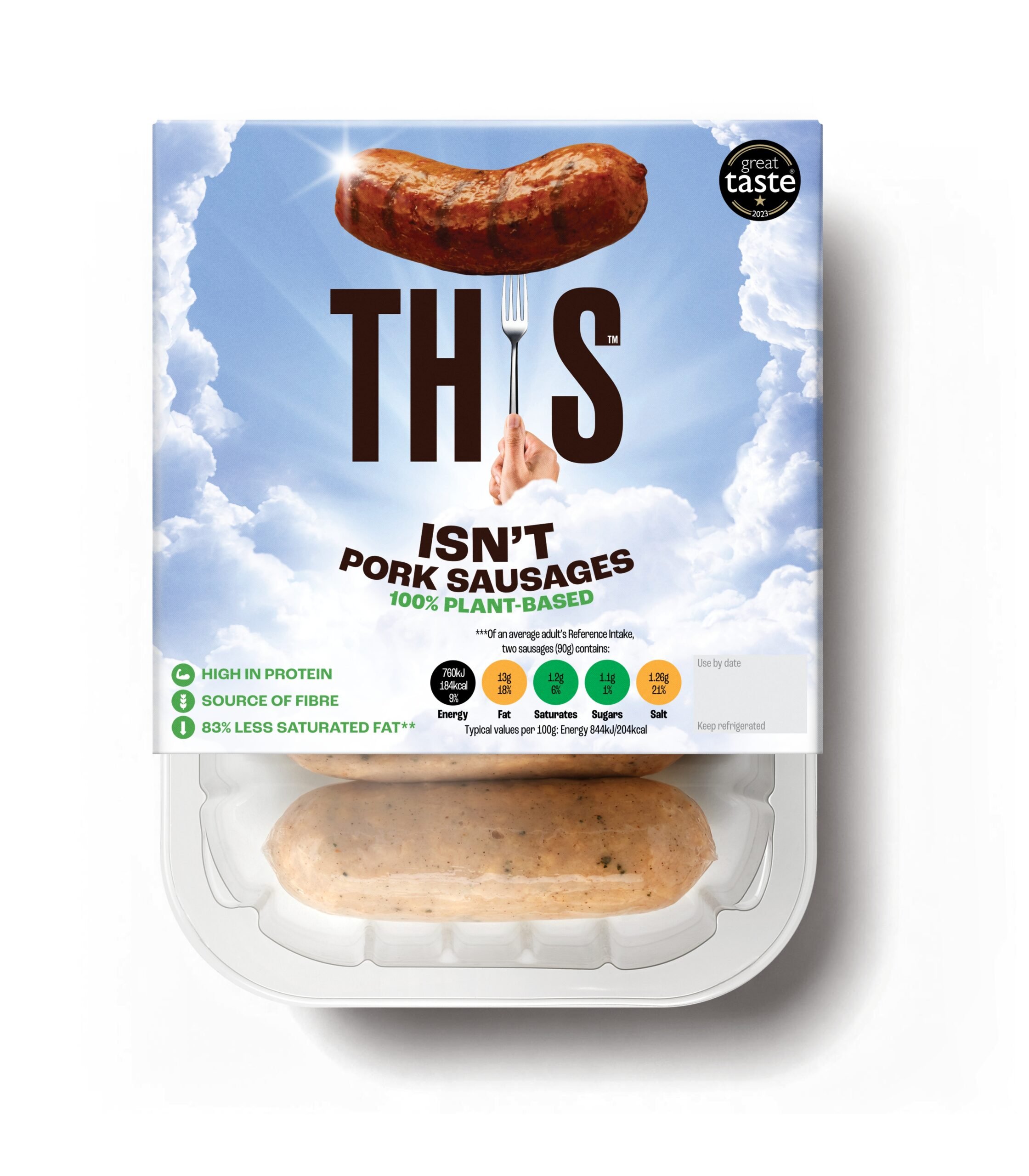 A packshot of vegan sausages from plant-based meat brand THIS