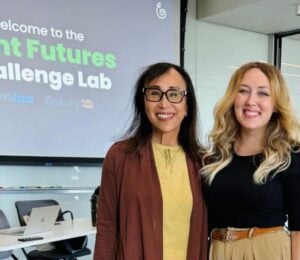 Photo shows Miyoko Schinner (left) and Brittany Sartor (right) instructing the UC Berkeley Plant Futures Challenge Lab last year