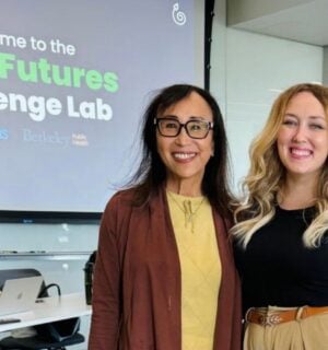 Photo shows Miyoko Schinner (left) and Brittany Sartor (right) instructing the UC Berkeley Plant Futures Challenge Lab last year