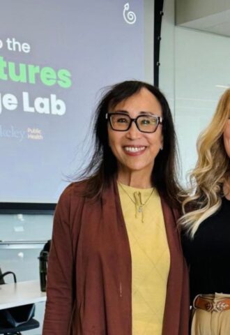 Photo shows Miyoko Schinner (left) and Brittany Sartor (right) instructing the UC Berkeley Plant Futures Challenge Lab last year