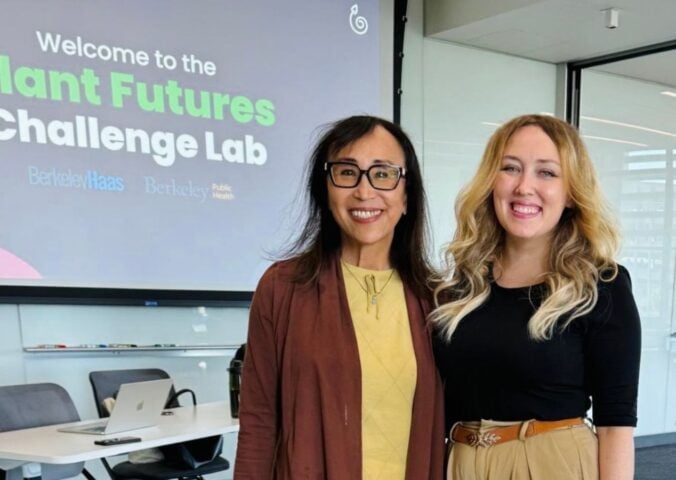 Photo shows Miyoko Schinner (left) and Brittany Sartor (right) instructing the UC Berkeley Plant Futures Challenge Lab last year