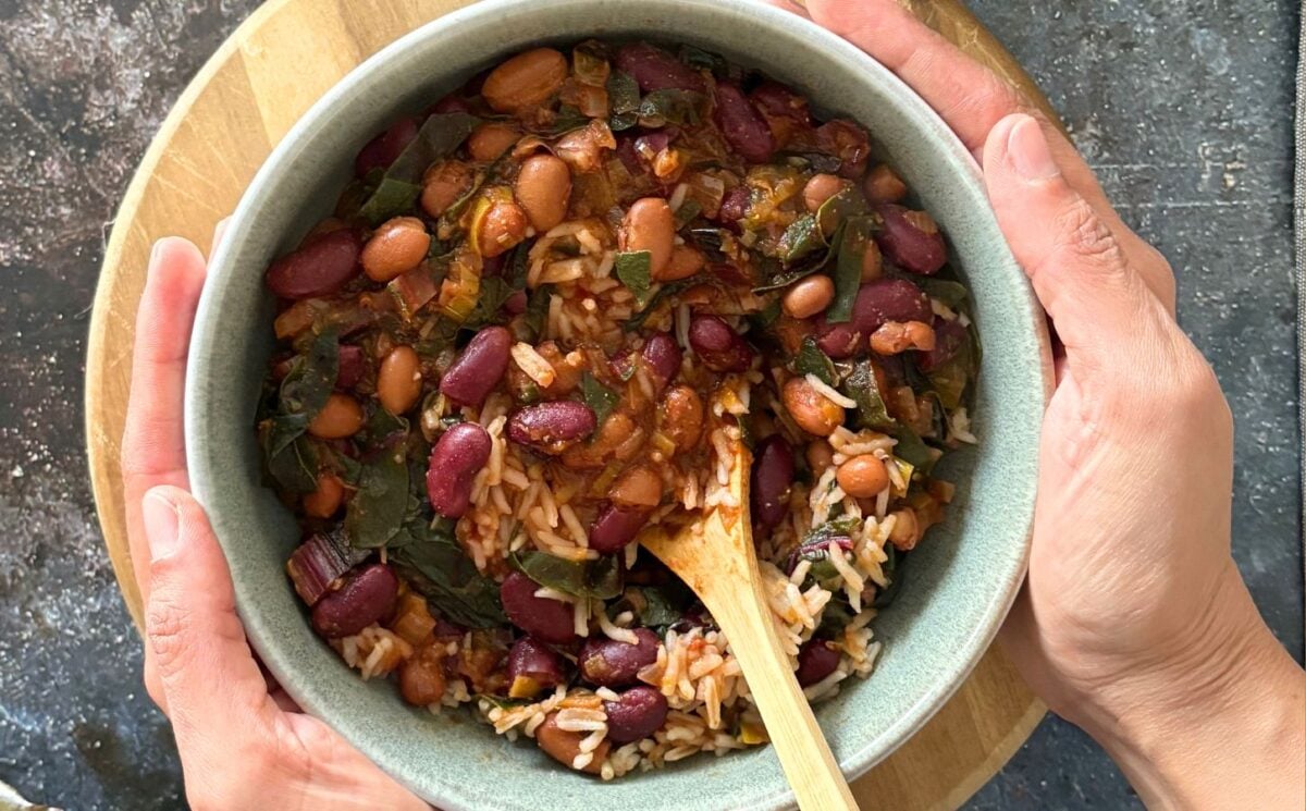 A bowl of protein-packed bean and swiss chard stew