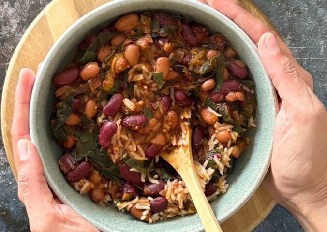 A bowl of protein-packed bean and swiss chard stew