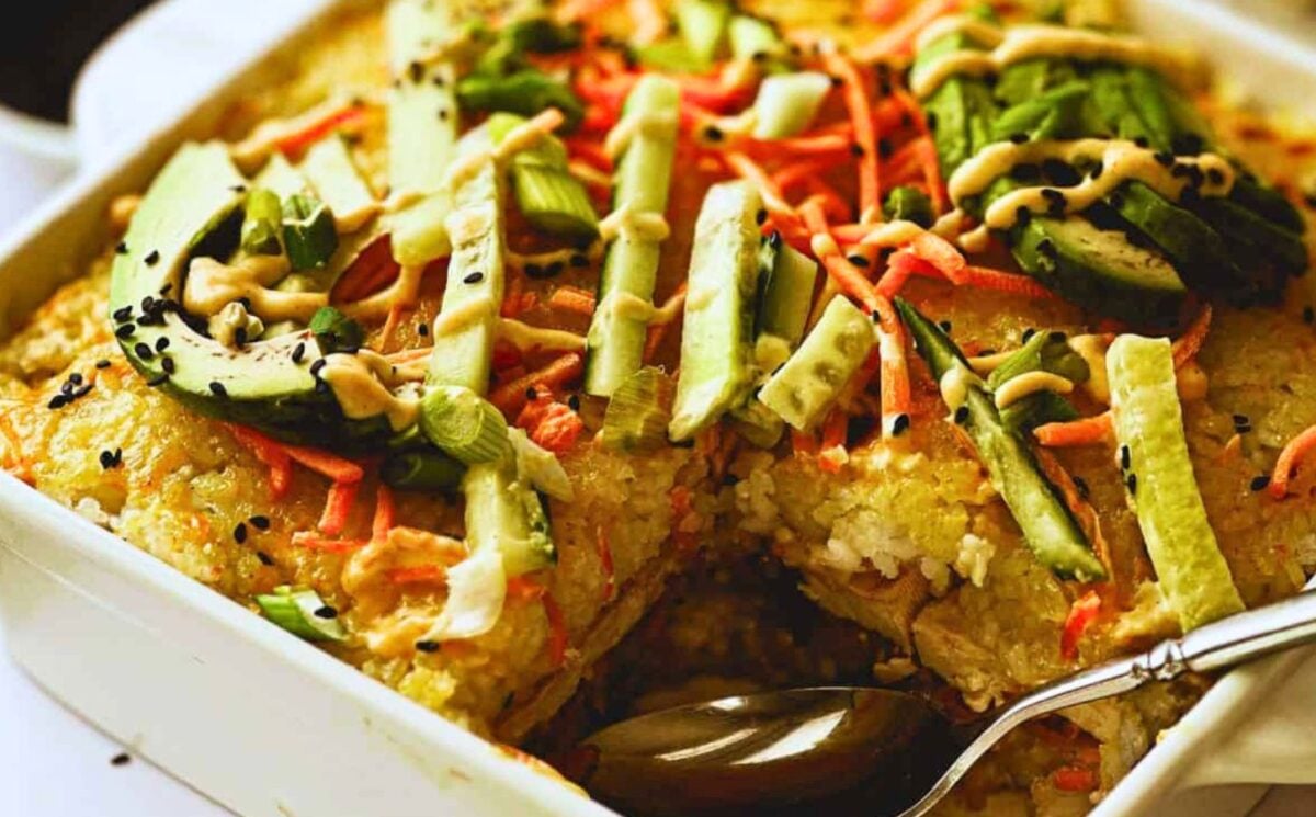 A vegan sushi bake in a casserole dish