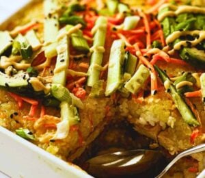 A vegan sushi bake in a casserole dish