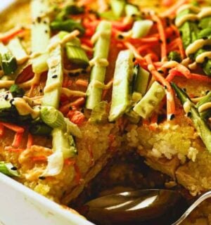 A vegan sushi bake in a casserole dish