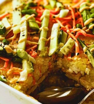 A vegan sushi bake in a casserole dish