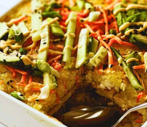 A vegan sushi bake in a casserole dish