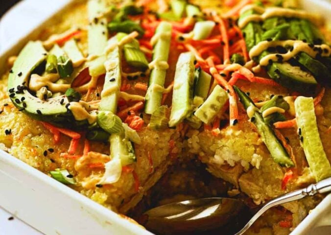 A vegan sushi bake in a casserole dish