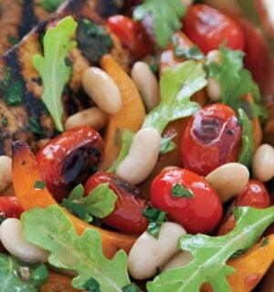 a platter of balsamic tofu with white bean sauce and agave pumpkins