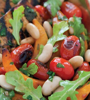 a platter of balsamic tofu with white bean sauce and agave pumpkins