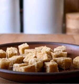 A vegan crispy tofu recipe in a bowl