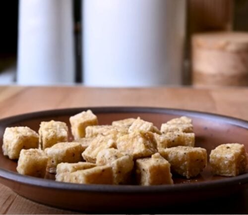 A vegan crispy tofu recipe in a bowl