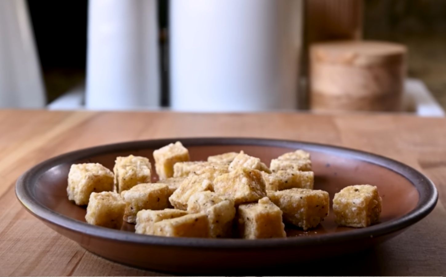 A vegan crispy tofu recipe in a bowl