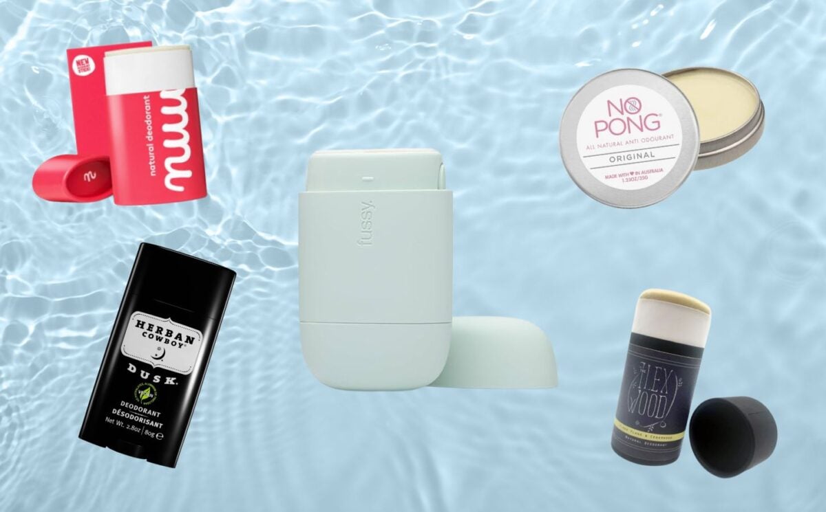 A selection of best vegan deodorant brands in front of a water patterned background