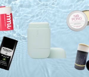 A selection of best vegan deodorant brands in front of a water patterned background