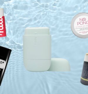 A selection of best vegan deodorant brands in front of a water patterned background