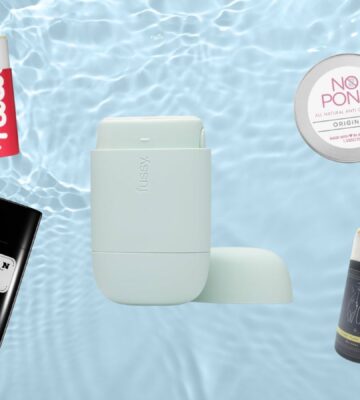 A selection of best vegan deodorant brands in front of a water patterned background