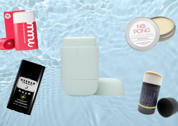 A selection of best vegan deodorant brands in front of a water patterned background