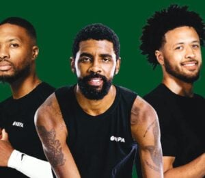 Three basketball players in a close-up of a plant-based cookbook from Beyond Meat