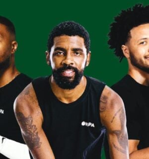 Three basketball players in a close-up of a plant-based cookbook from Beyond Meat