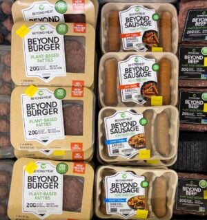 Photo shows a selection of Beyond Meat products in a large refrigerator