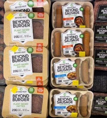 Photo shows a selection of Beyond Meat products in a large refrigerator