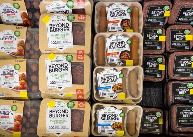 Photo shows a selection of Beyond Meat products in a large refrigerator