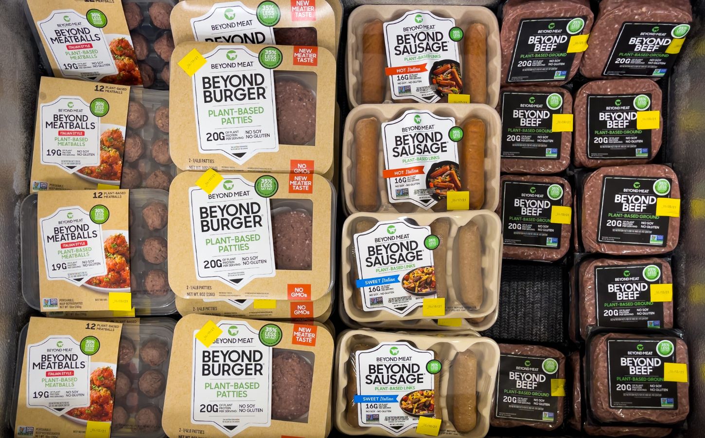 Photo shows a selection of Beyond Meat products in a large refrigerator