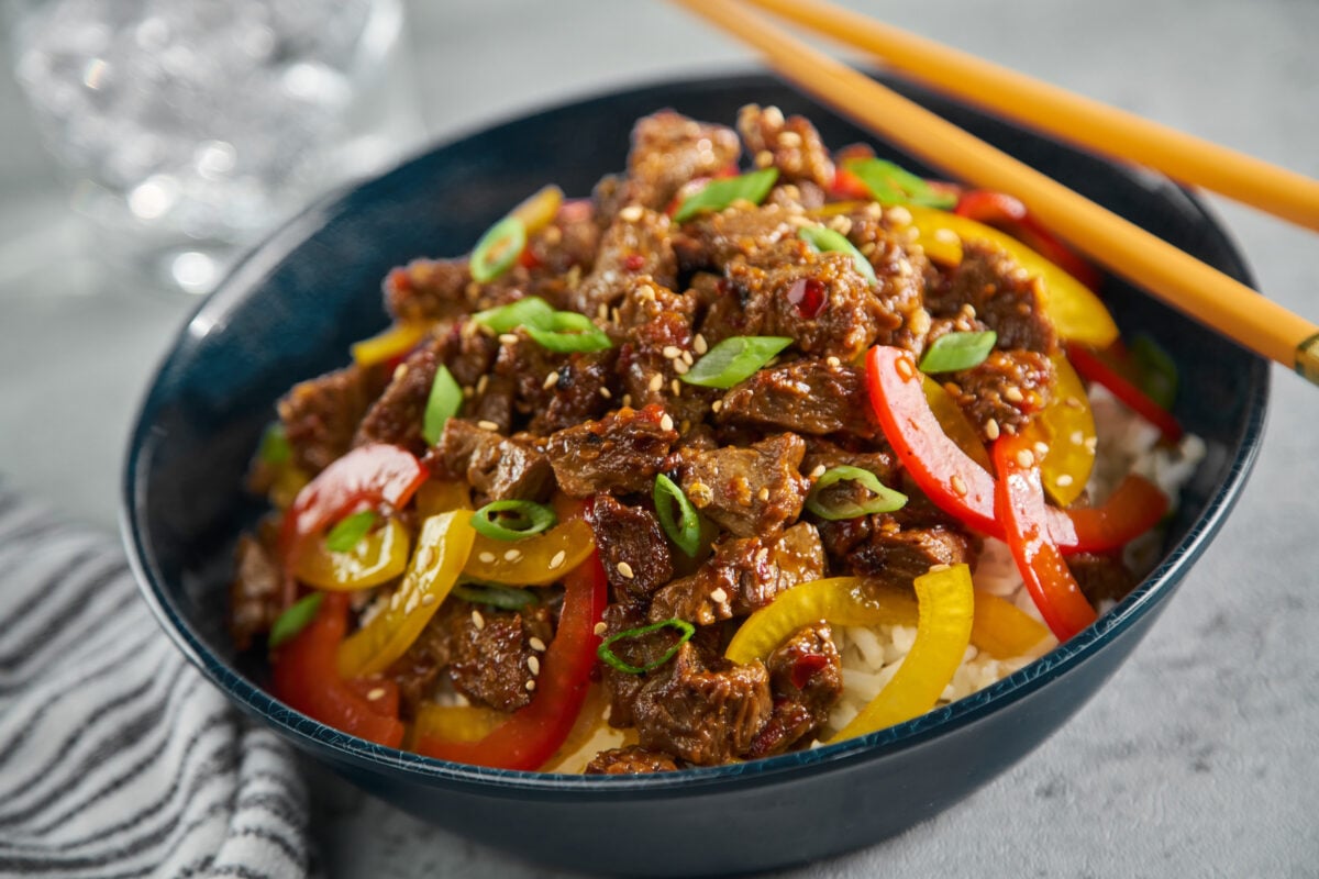 A bowl of teriyaki steak from the Beyond Meat basketball cookbook