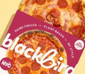 Photo shows the new frozen vegan pizza from Blackbird Foods featuring Beyond Meat pepperoni