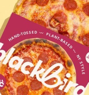 Photo shows the new frozen vegan pizza from Blackbird Foods featuring Beyond Meat pepperoni