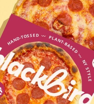Photo shows the new frozen vegan pizza from Blackbird Foods featuring Beyond Meat pepperoni